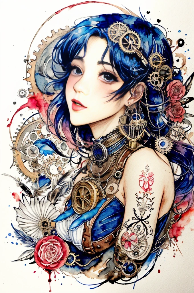 beautiful girl、((Abstract Steampunk Woman)), Great feathers, Red and Black、 crazy watercolor painting on white canvas, A stunning anime girl with an intricate floral tattoo on her neck, exuding elegance and beauty.,in the style of neon realism, dark pink and light black, gothic art nouveau, anime-inspired character designs, dark white and indigo, bold yet graceful, cyberpunk manga, detailed costumes