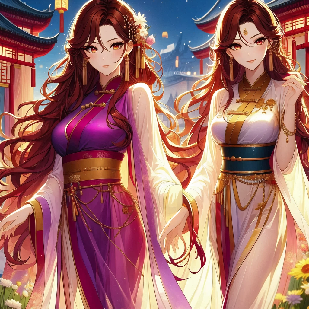 (masterpiece, best quality:1,2), 1 female, Xian mei, solo, 18 years old, Chinese clothes, ultra long purple skirt, purple eyes, long black curly hair, bangs, jewelry, perfect anatomy, dark purple hanfu,