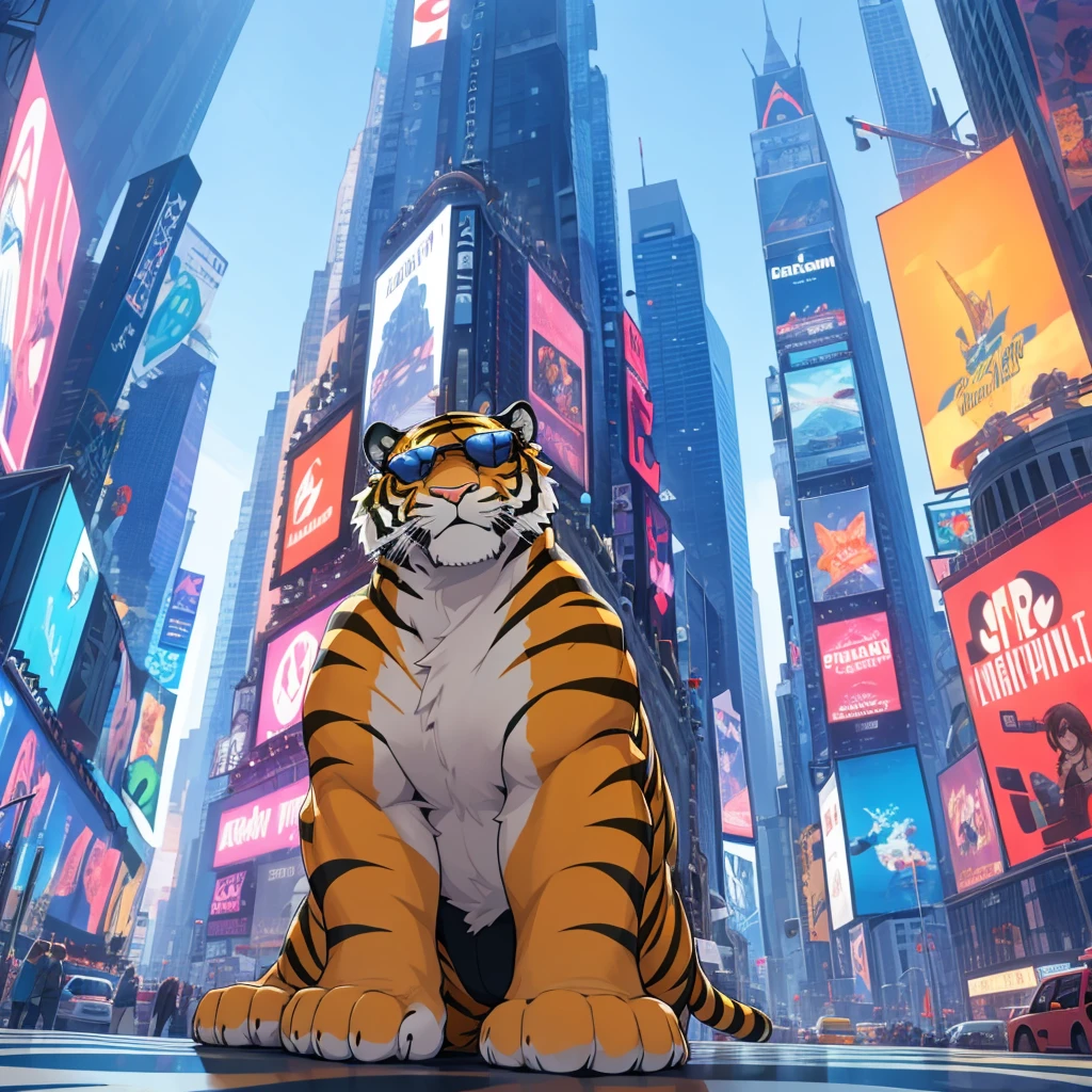 A wide shot of a stuffed tiger in sunglasses looking up at the tall buildings in Times Square, digital art