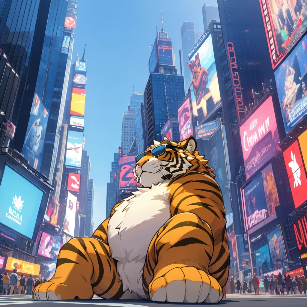 A wide shot of a stuffed tiger in sunglasses looking up at the tall buildings in Times Square, digital art