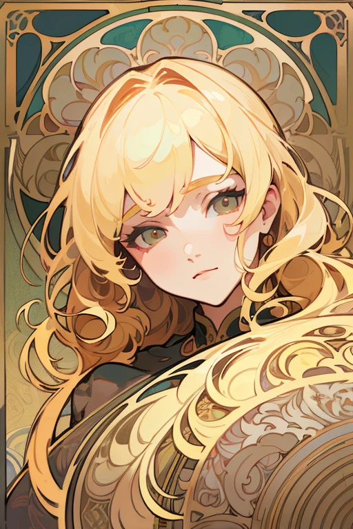 European woman face portrait, Long Curly Hair, blonde, Floral frame, Decorative panel, Abstract art, Alphonse Mucha (masterpiece, Highest quality, High resolution: 1.4), detailed, 複雑なdetailed, 4K, Color Splash, Line art, Fibonacci, In underwear