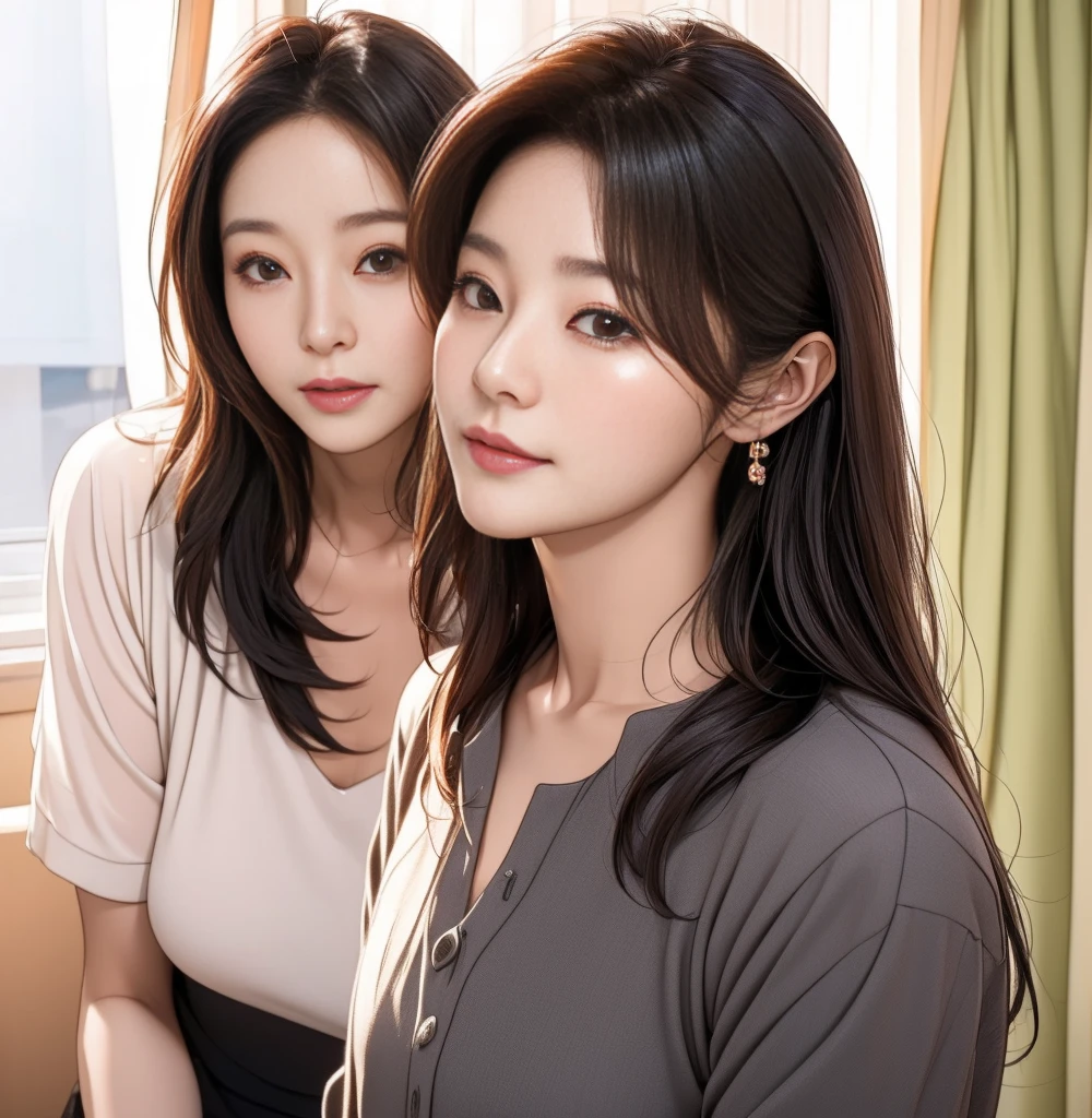 A woman in her 50s with long hair,  Cute Korean Actresses,  Young and adorable Korean face,  A lovely and delicate face, Very cute face looking to the right