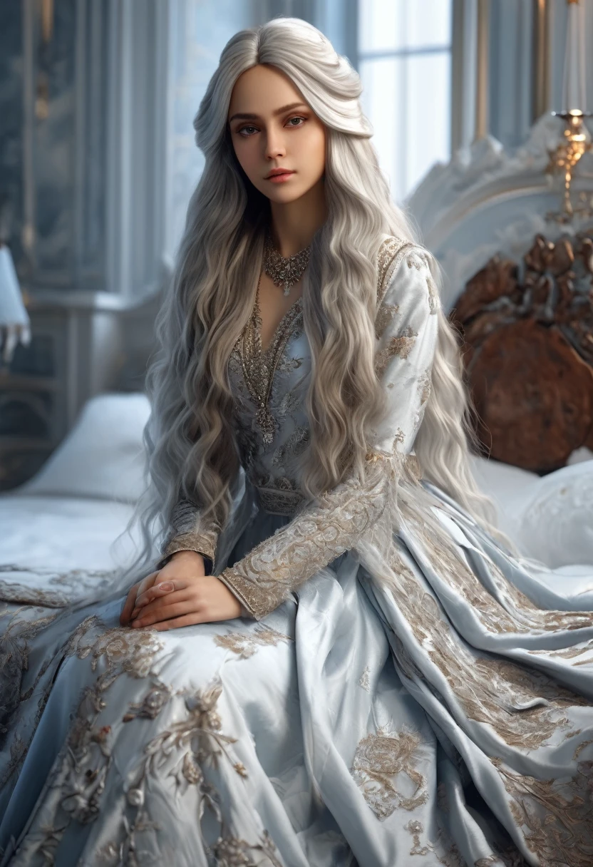 Long-haired realistic girl sitting on bed, front view, wearing beautiful clothes, seductive Russian girl, white-haired deity, exquisite details, in dress, realistic 4k.