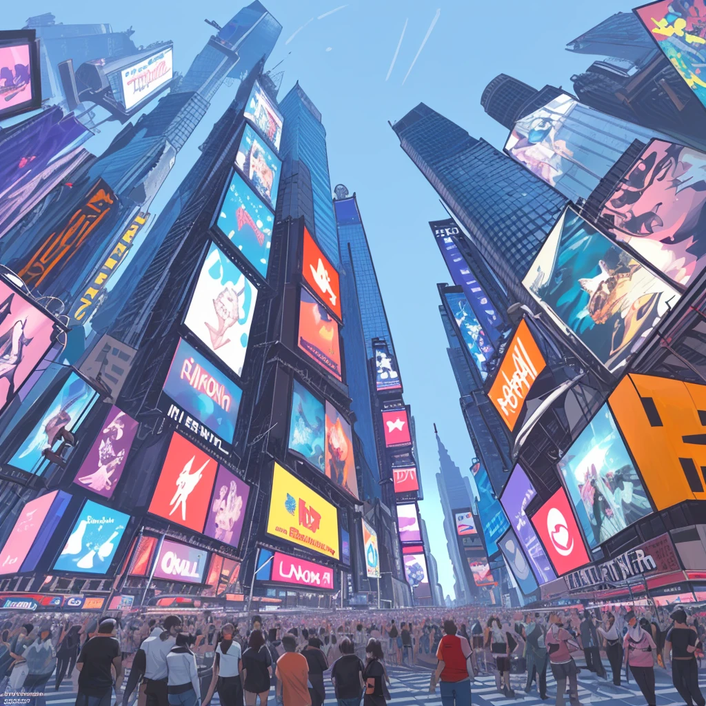 A wide shot of a stuffed tiger in sunglasses looking up at the tall buildings in Times Square, digital art