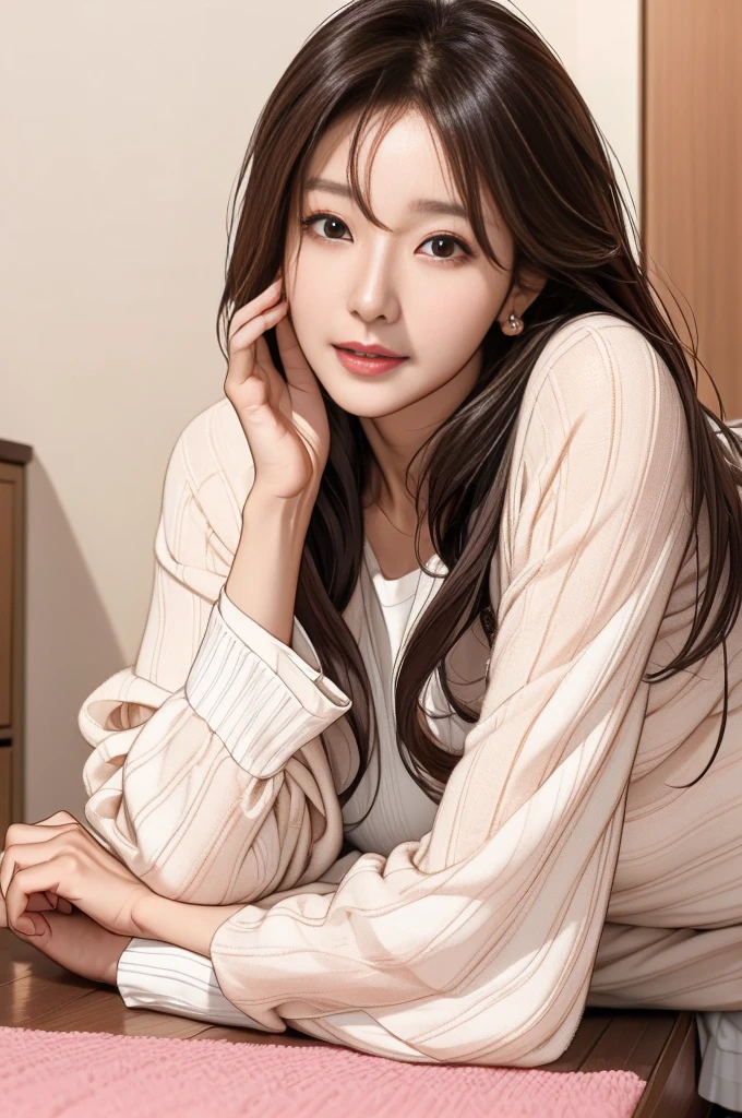 A woman in her 50s with long hair, Cute Korean Actresses, Young and adorable Korean face, A lovely and delicate face, Very cute face looking to the right