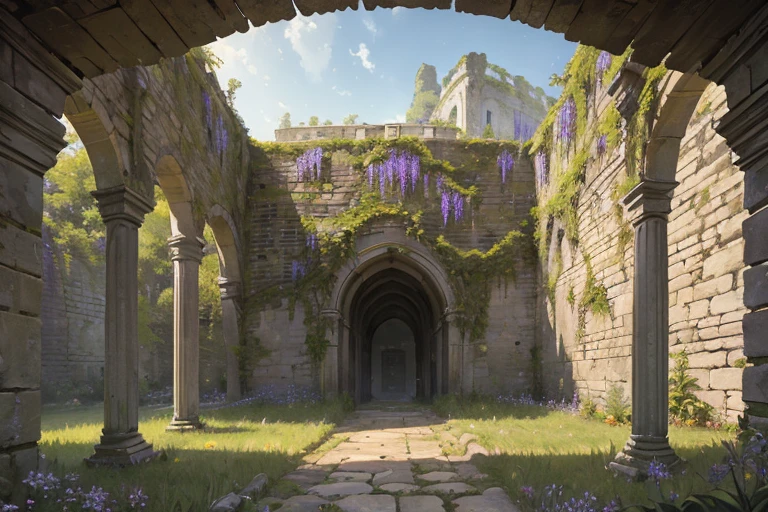 extremely overgrown haven walled off from the world with very tall dilapidated stone walls, spacious rectangular enclosed interior with tall grass, spiderwort flowers