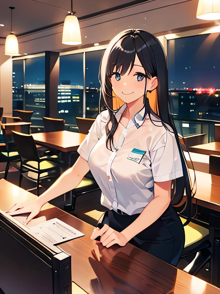black hair, long straight hair, hotel receptionist, desk, night, smile