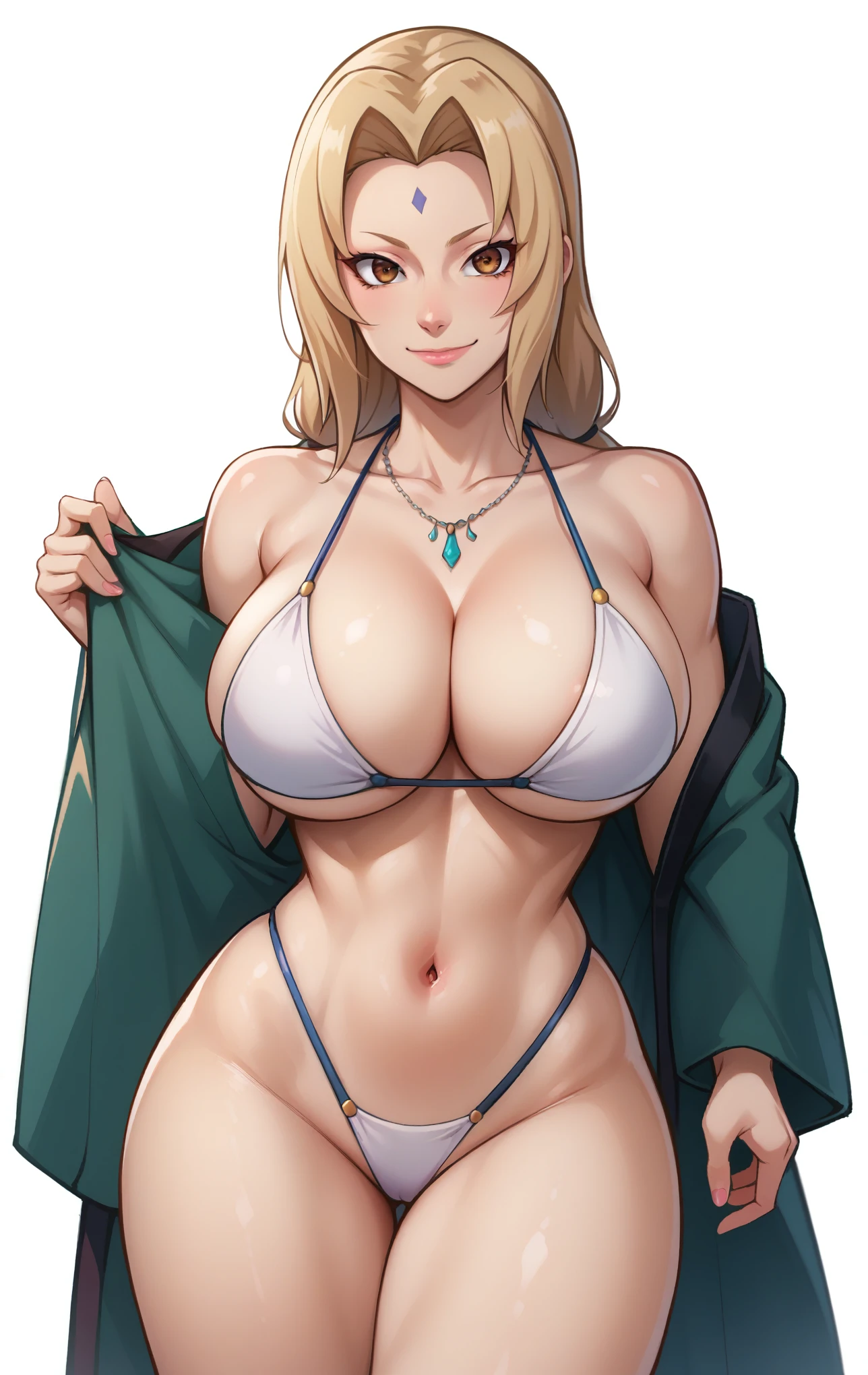 score_9, score_8_up, score_7_up, score_9, source_anime, BREAK   TsunadeSDXL, 1girl, solo, long hair, breasts, looking at viewer, smile, bangs, blonde hair, large breasts, simple background, white background, navel, cleavage, bare shoulders, brown eyes, jewelry, closed mouth, standing, collarbone, swimsuit, bikini, thighs, super thin waist, japanese clothes, open clothes, kimono, necklace, stomach, huge breasts, highleg, white bikini, facial mark, thick thighs, curvy, robe, mature female, forehead mark, highleg bikini, open kimono, tsunade (naruto)