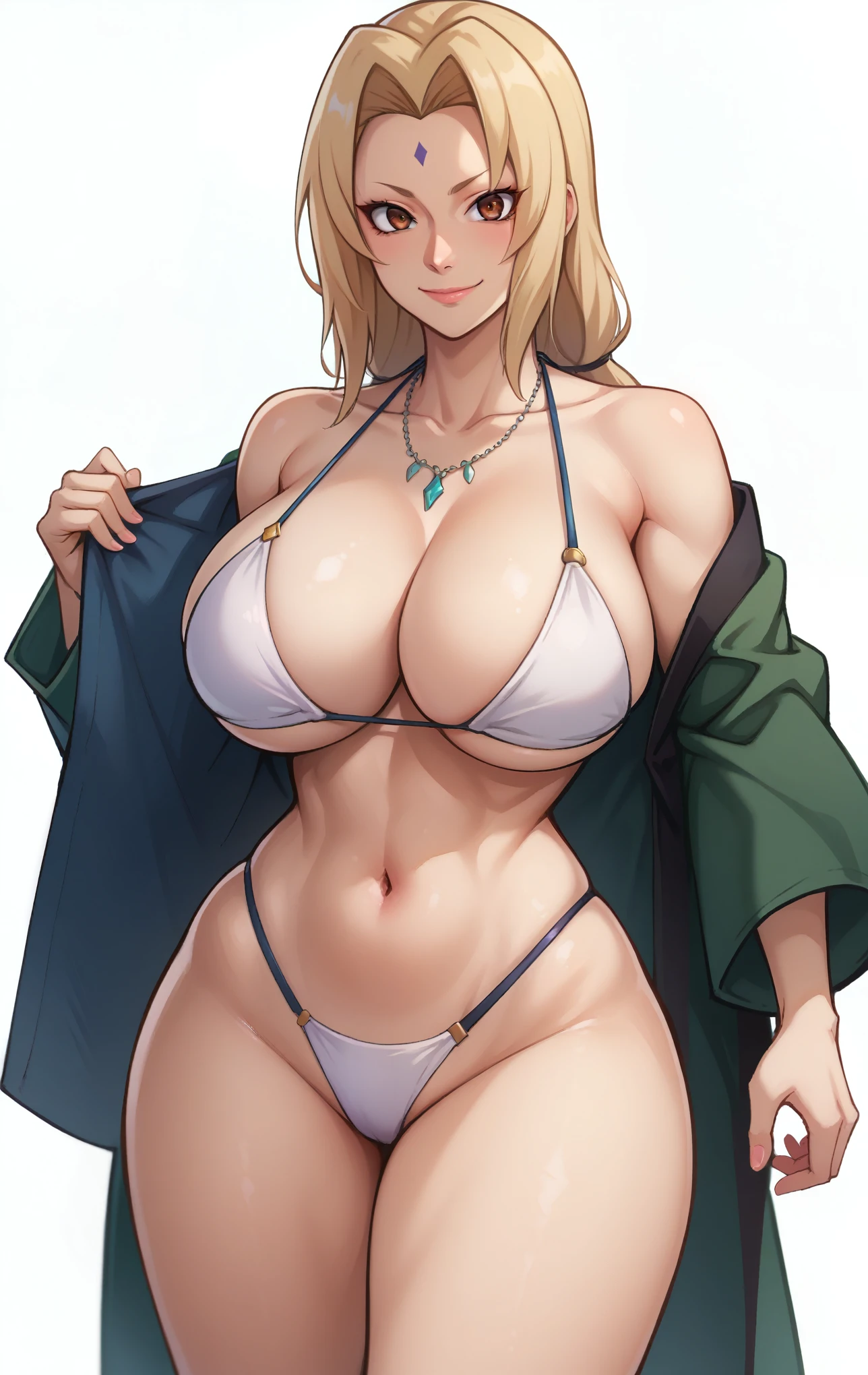 score_9, score_8_up, score_7_up, score_9, source_anime, BREAK   TsunadeSDXL, 1girl, solo, long hair, breasts, looking at viewer, smile, bangs, blonde hair, large breasts, simple background, white background, navel, cleavage, bare shoulders, brown eyes, jewelry, closed mouth, standing, collarbone, swimsuit, bikini, thighs, super thin waist, japanese clothes, open clothes, kimono, necklace, stomach, huge breasts, highleg, white bikini, facial mark, thick thighs, curvy, robe, mature female, forehead mark, highleg bikini, open kimono, tsunade (naruto)