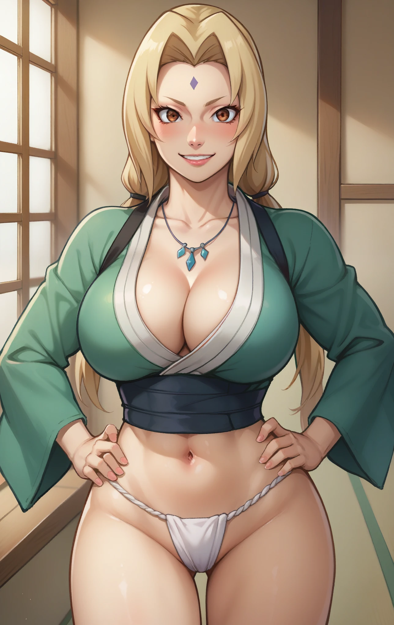 score_9, score_8_up, score_7_up, score_9, source_anime, BREAK   TsunadeSDXL, 1girl, solo, long hair, breasts, looking at viewer, blush, smile, blonde hair, large breasts, room background, long sleeves, navel, cleavage, twintails, brown eyes, jewelry, standing, collarbone, thighs, cowboy shot, parted lips, japanese clothes, open clothes, super thin waist, necklace, facial mark, bandages, hands on hips, sarashi, mature female, forehead mark, fundoshi, happi, tsunade (naruto),