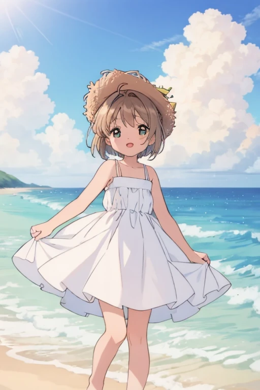 High resolution backgrounds,Beautiful background,anime, cute,Midsummer Beach,Cumulonimbus clouds floating on the horizon,Reflective and sparkling sea surface,9-year-old girl,A white summer dress with only straps around the shoulders,Chestnut Hair,Short Bob Hair,barefoot,Happy expression,White straw hat,Lens flare,The hem of a skirt fluttering in the wind,Cowboy Shot
