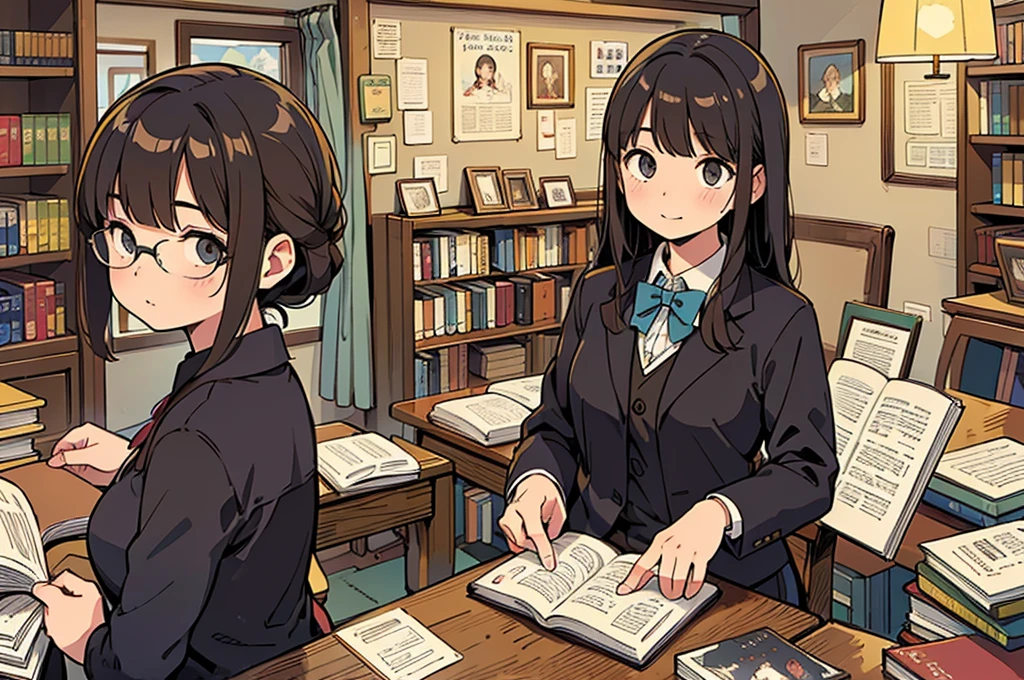 A girl in a vintage bookstore, holding a book titled "Exploring the Classics". She is wearing a suit and has delicate, long black hair. Her attention is captured by a collection of fairy tale picture books displayed on a shelf. The store owner, a wise-looking woman, is standing in the background, elegantly observing the girl as she explores the books. The atmosphere is filled with the scent of old paper and the soft glow of warm lighting, creating a cozy and inviting ambiance. The books are arranged meticulously, showcasing rare and collectible literary pieces. The shelves are adorned with beautifully illustrated book covers, transporting the readers into different worlds with each turn of the page. The girl's eyes are filled with excitement and curiosity as she carefully flips through the pages of the book she holds, immersing herself in the captivating stories and charming illustrations. The bookstore is a haven for book lovers, filled with the nostalgia of bygone eras and the enchantment of literary treasures. 

(best quality, highres, realistic:1.37), detailed, vintage, bookstore, girl, suit, black hair, fairy tale picture books, delicate, cozy, warm lighting, old paper scent, store owner, wise-looking woman, shelves, rare and collectible, literary pieces, illustrated book covers, excitement, curiosity, captivating stories, charming illustrations, immersion.