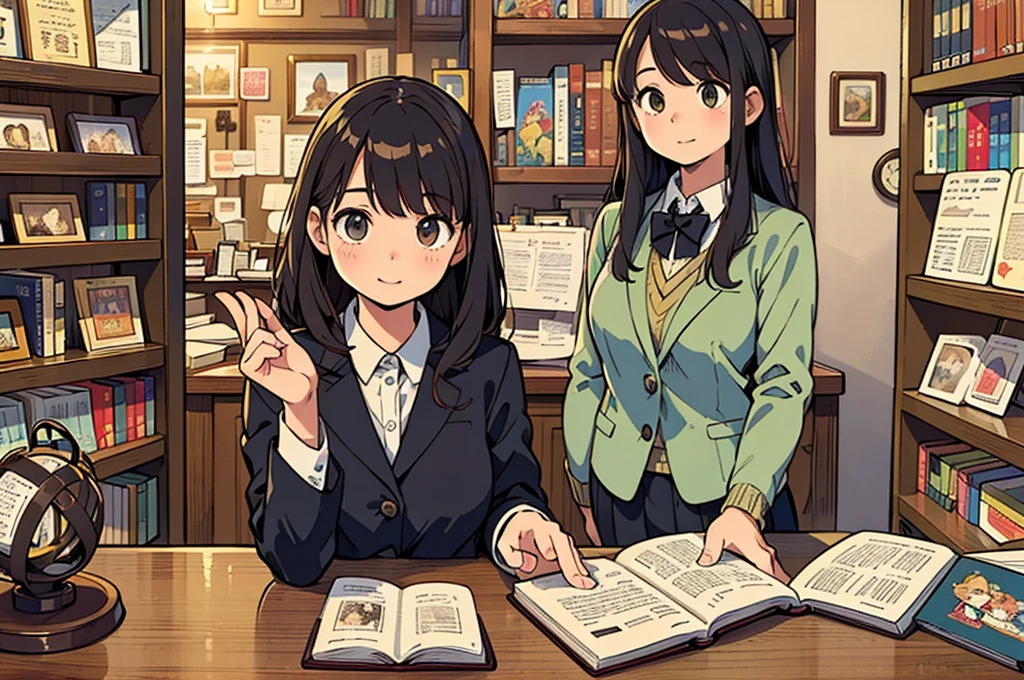 A girl in a vintage bookstore, holding a book titled "Exploring the Classics". She is wearing a suit and has delicate, long black hair. Her attention is captured by a collection of fairy tale picture books displayed on a shelf. The store owner, a wise-looking woman, is standing in the background, elegantly observing the girl as she explores the books. The atmosphere is filled with the scent of old paper and the soft glow of warm lighting, creating a cozy and inviting ambiance. The books are arranged meticulously, showcasing rare and collectible literary pieces. The shelves are adorned with beautifully illustrated book covers, transporting the readers into different worlds with each turn of the page. The girl's eyes are filled with excitement and curiosity as she carefully flips through the pages of the book she holds, immersing herself in the captivating stories and charming illustrations. The bookstore is a haven for book lovers, filled with the nostalgia of bygone eras and the enchantment of literary treasures. 

(best quality, highres, realistic:1.37), detailed, vintage, bookstore, girl, suit, black hair, fairy tale picture books, delicate, cozy, warm lighting, old paper scent, store owner, wise-looking woman, shelves, rare and collectible, literary pieces, illustrated book covers, excitement, curiosity, captivating stories, charming illustrations, immersion.