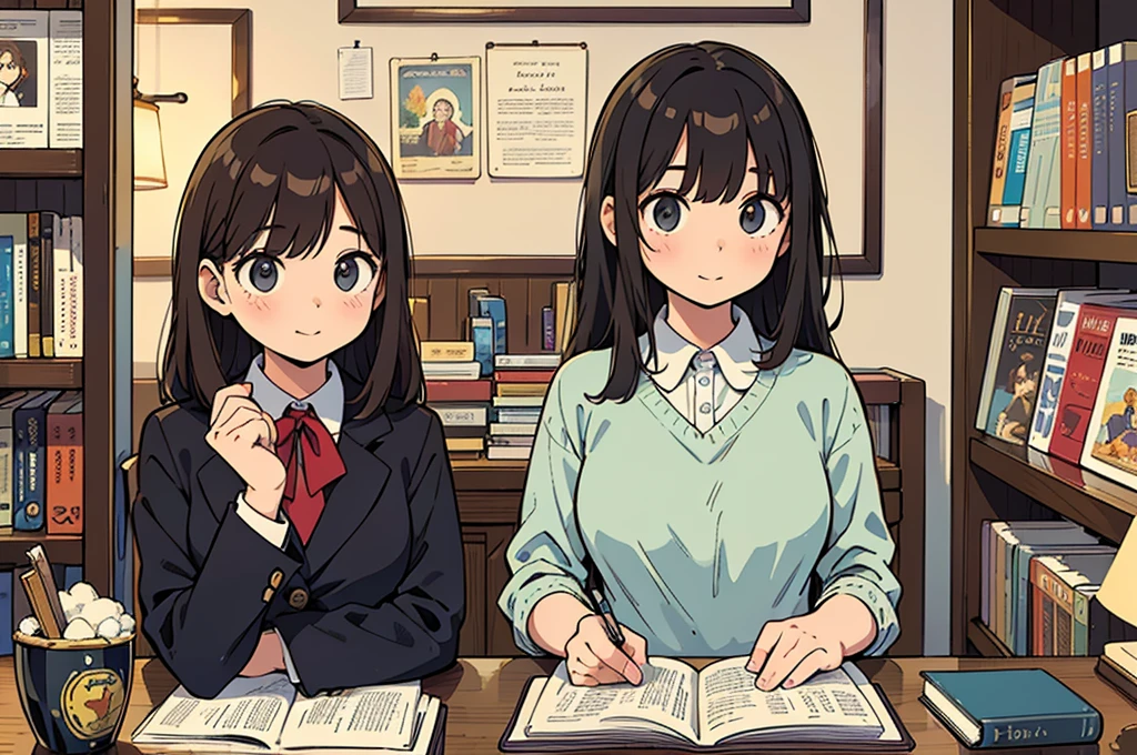 A girl in a vintage bookstore, holding a book titled "Exploring the Classics". She is wearing a suit and has delicate, long black hair. Her attention is captured by a collection of fairy tale picture books displayed on a shelf. The store owner, a wise-looking woman, is standing in the background, elegantly observing the girl as she explores the books. The atmosphere is filled with the scent of old paper and the soft glow of warm lighting, creating a cozy and inviting ambiance. The books are arranged meticulously, showcasing rare and collectible literary pieces. The shelves are adorned with beautifully illustrated book covers, transporting the readers into different worlds with each turn of the page. The girl's eyes are filled with excitement and curiosity as she carefully flips through the pages of the book she holds, immersing herself in the captivating stories and charming illustrations. The bookstore is a haven for book lovers, filled with the nostalgia of bygone eras and the enchantment of literary treasures. 

(best quality, highres, realistic:1.37), detailed, vintage, bookstore, girl, suit, black hair, fairy tale picture books, delicate, cozy, warm lighting, old paper scent, store owner, wise-looking woman, shelves, rare and collectible, literary pieces, illustrated book covers, excitement, curiosity, captivating stories, charming illustrations, immersion.