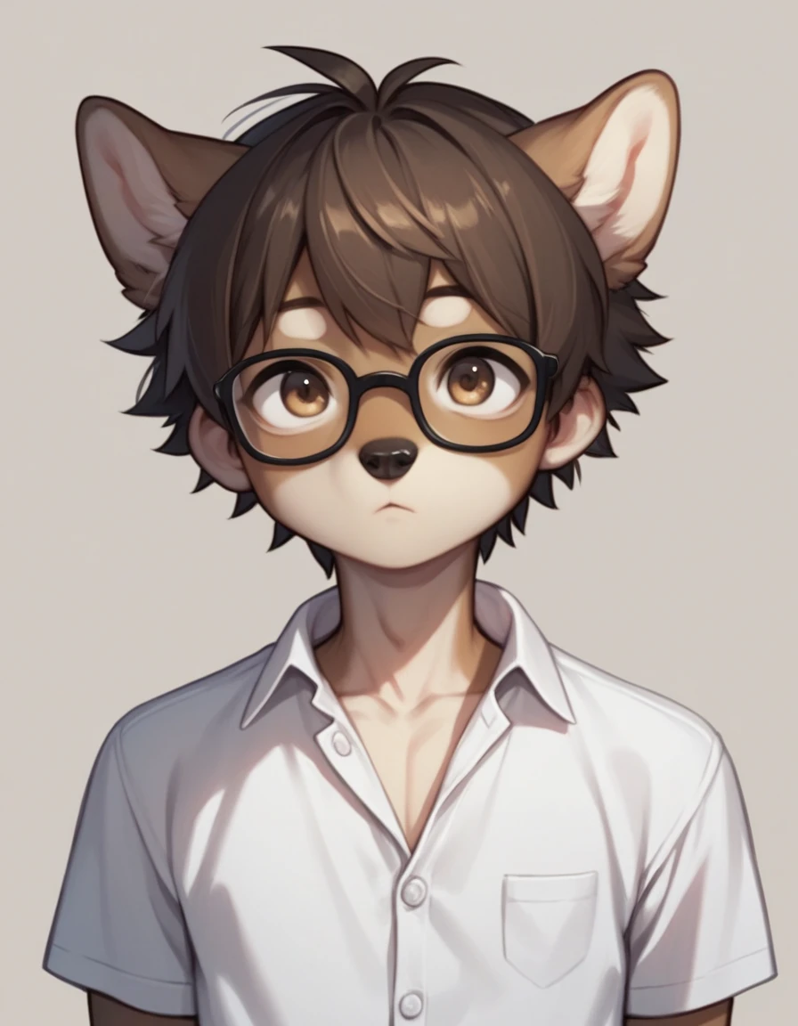 score_9,score_8_up,score_7_up, source_anime, an Anthro furry male wolf, young adult male, skinny, feminine, brown eyes, snout, black nose, short brown hair, black glasses, wearing white button up shirt, upper body shot, mouth closed,