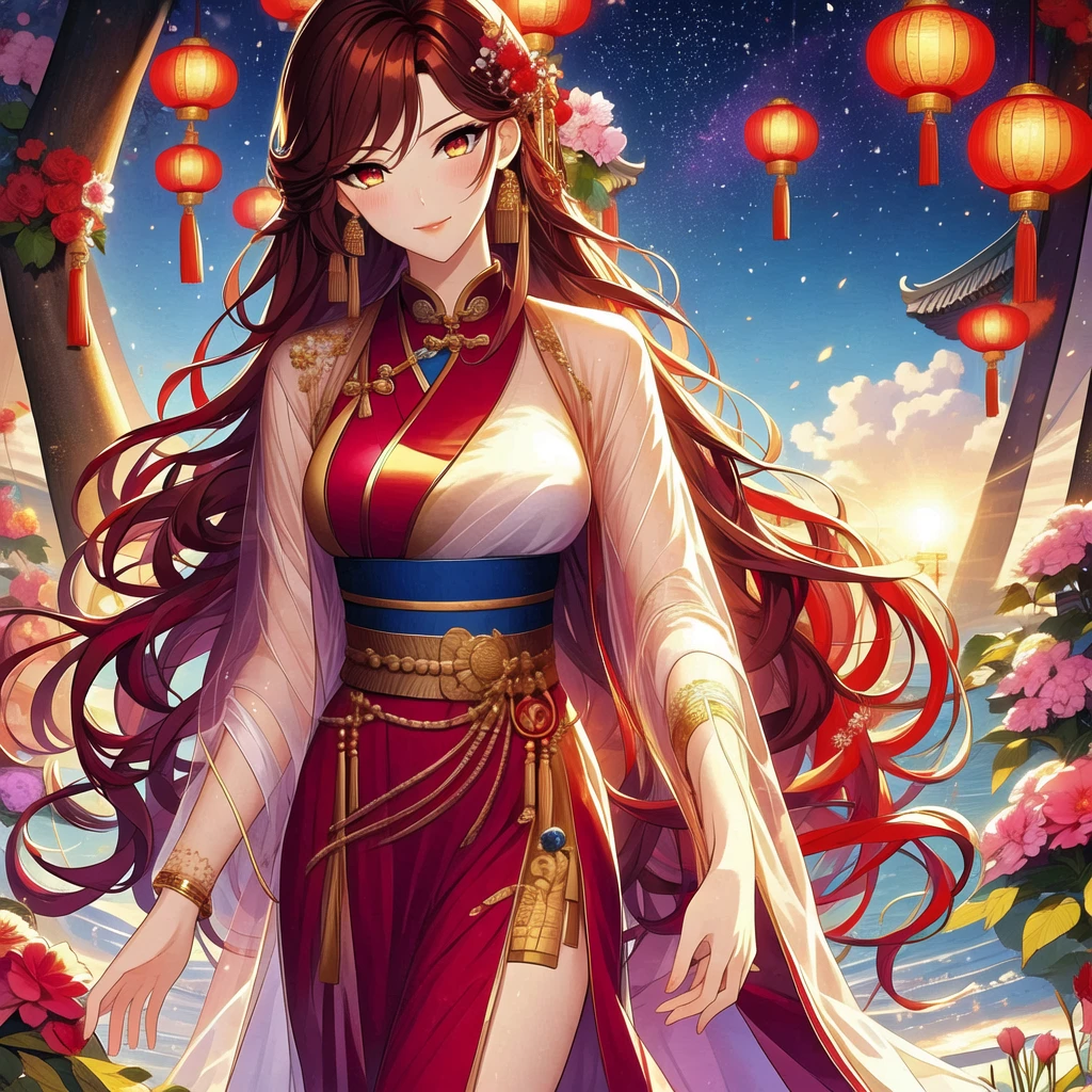 (masterpiece, best quality:1,2), 1 female, Xian mei, solo, 18 years old, Chinese clothes, ultra long purple skirt, purple eyes, black curly hair, bangs, jewelry, perfect anatomy, dark purple hanfu,