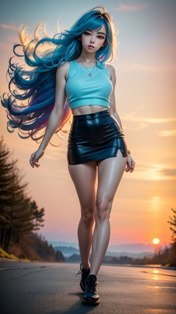 (cute russian girl running on footpath , (sleeveless sweater), micro miniskirt), (sweating:1.2), (wet), (full body:1.3) ,(1girl:1.3, solo:1.2), female focus,  (white people:1.3), (pale skin:1.2), (beautiful, 21 years old:1.5), 
slim, long legs, thigh highs, hairband, heart ring, central park, 
perfect(face ,eyes , nose, hands , arms), detailed fingers, extremely detailed eyes and face, beautiful detailed nose, beautiful detailed eyes, K-pop idol vibes,
(RAW photo, best quality), (realistic, photo-realistic:2.0), extremely detailed, CG, unity , 8k wallpaper, Amazing, finely detail, (masterpiece:2.0, best quality), realistic, (real picture, intricate details, depth of field),  soft light,
beautiful detailed girl, huge breasts, thick thighs, wide hips, small waist, tall, glossy pink lips, aqua eyes, (((long hair:1.2), (colorful gradient multi-colored sky blue hair), floating hair)), elegant ,slender figure, dynamic posture,