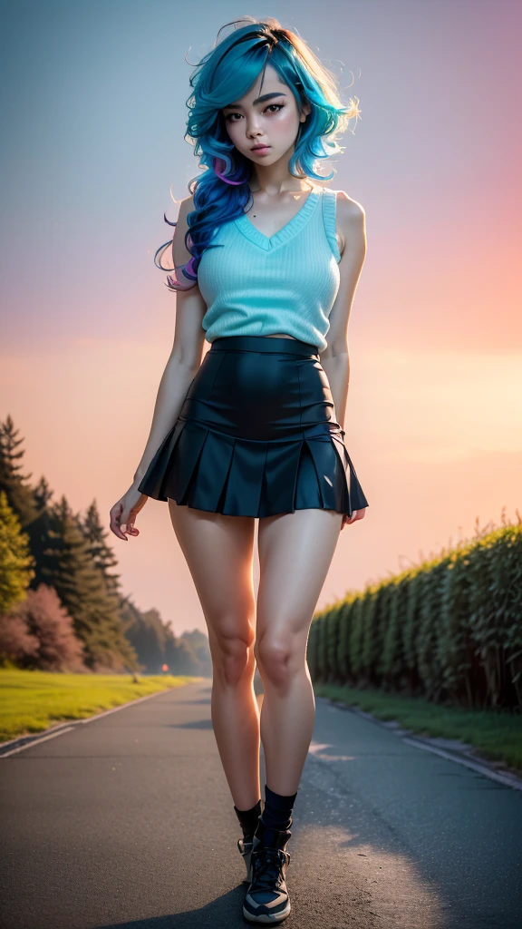 (cute russian girl running on footpath , (sleeveless sweater), micro miniskirt), (sweating:1.2), (wet), (full body:1.3) ,(1girl:1.3, solo:1.2), female focus,  (white people:1.3), (pale skin:1.2), (beautiful, 21 years old:1.5), 
slim, long legs, thigh highs, hairband, heart ring, central park, 
perfect(face ,eyes , nose, hands , arms), detailed fingers, extremely detailed eyes and face, beautiful detailed nose, beautiful detailed eyes, K-pop idol vibes,
(RAW photo, best quality), (realistic, photo-realistic:2.0), extremely detailed, CG, unity , 8k wallpaper, Amazing, finely detail, (masterpiece:2.0, best quality), realistic, (real picture, intricate details, depth of field),  soft light,
beautiful detailed girl, huge breasts, thick thighs, wide hips, small waist, tall, glossy pink lips, aqua eyes, (((long hair:1.2), (colorful gradient multi-colored sky blue hair), floating hair)), elegant ,slender figure, dynamic posture,