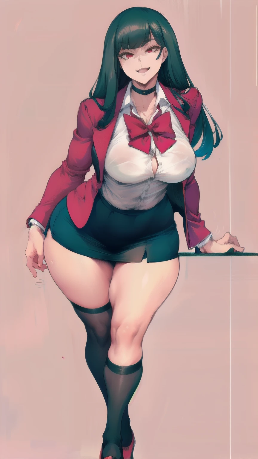 Full body image of Yumeko Jabami from Kakegurui, full body in image, wearing her original outfit (Hyakkaou Private Academy uniform with a red blazer, black skirt, and white shirt with a bowtie), long black hair, female body, slender and curvy body, dynamic pose, detailed pose, simple background, expressive face showing an excited smile, focus on face, line art, sketch
