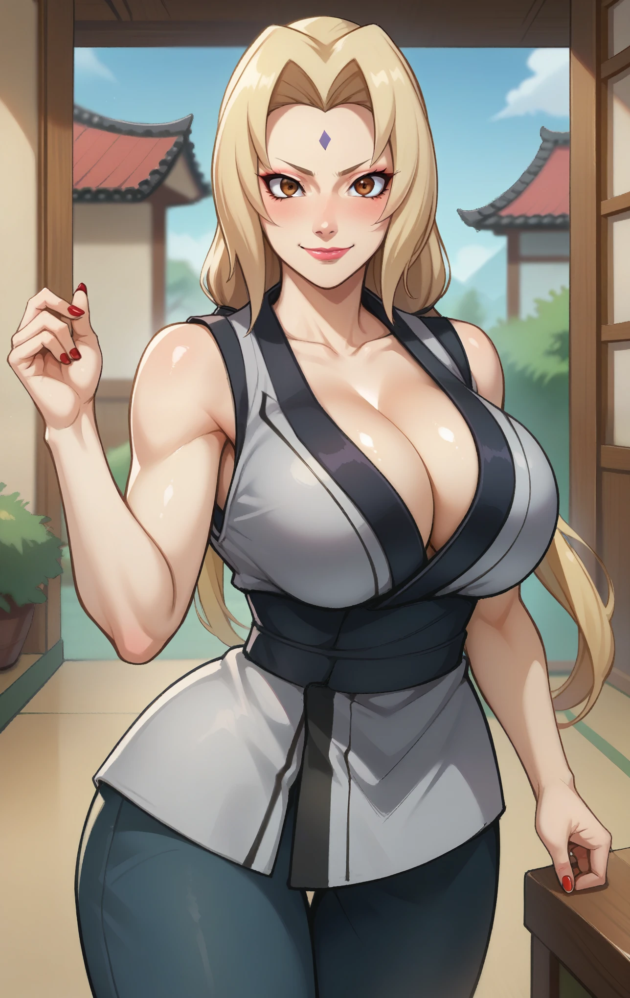 score_9, score_8_up, score_7_up, score_9, source_anime, BREAK   TsunadeSDXL, 1girl, solo, long hair, breasts, looking at viewer, blush, smile, blonde hair, cleavage, bare shoulders, brown eyes, closed mouth, collarbone, japanese clothes, sleeveless, shiny, pants, kimono, nail polish, huge breasts, super thin waist, shiny hair, lips, shiny skin, sash, makeup, blurry background, arm support, watermark, facial mark, lipstick, red nails, web address, mature female, forehead mark, grey kimono, tsunade (naruto)