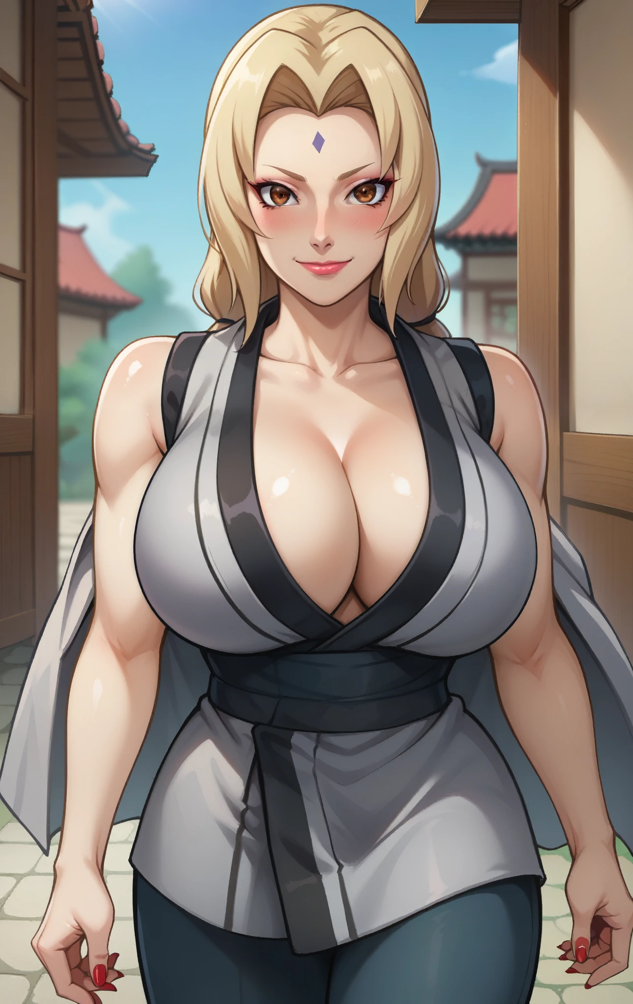 score_9, score_8_up, score_7_up, score_9, source_anime, BREAK TsunadeSDXL, 1girl, solo, long hair, breasts, looking at viewer, blush, smile, blonde hair, cleavage, bare shoulders, brown eyes, closed mouth, collarbone, japanese clothes, sleeveless, shiny, pants, kimono, nail polish, huge breasts, super thin waist, shiny hair, lips, shiny skin, sash, makeup, blurry background, arm support, watermark, facial mark, lipstick, red nails, web address, mature female, forehead mark, grey kimono, tsunade (naruto)
