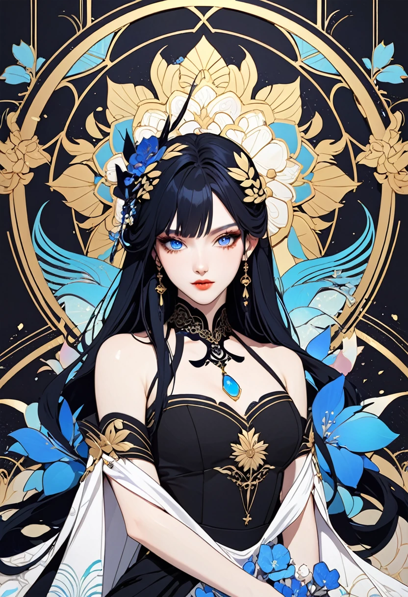 Beautiful woman, long black hair, blue eyes, fair skin, empress aesthetic.