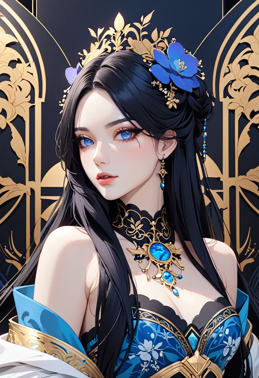 Beautiful woman, long black hair, blue eyes, fair skin, empress aesthetic.