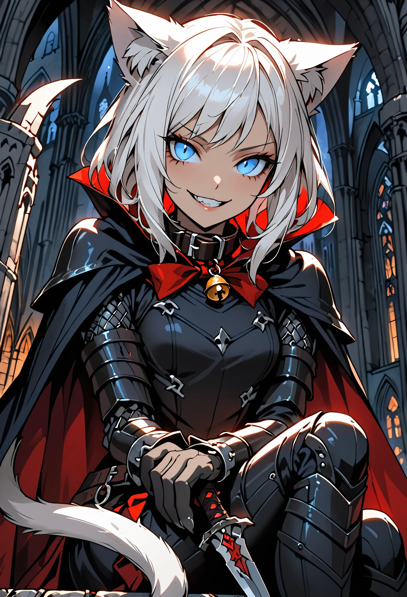 solo female, close up, short white hair, blue eyes, assassin, cat tail, cat ears, slit pupils, wide sinister smile, light armor:0.2, thief, night, sitting on the rafters, cathedral, dagger, medieval, furred forearms, light skin, small breasts, cat hands, dark, cat collar, bell collar, contemptuous expression, sneaky cape, red hair bow