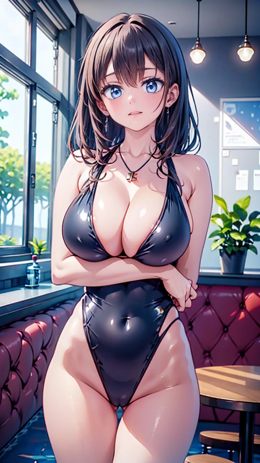 Anime Kawaii sexy Perfect Slim sensual body large breast and huge thighs, An intricate and highly detailed illustration of anime (Young girl). (8k, 超High resolution, best qualityer, tabletop:1.2),(18-years old:1.2)、(Dishonest laugh)、(Look away)、8k、RAW portrait of Japanese woman、Photorealistic、超High resolution、Maximum quality、 (Huge breasted, neckleace:1.2),(swimming race costume :1.3)、(from low:1.2)、sit in a chair、Cross your arms、(panchira:1.2)、(sophisticated cafe:1.4) break (natural skin texture、skin detailed、hyper- realism、ultra sharpness)、details Intricate、depth of fields、Poor lighting、korean idol、Idol Nogizaka、featuring Gravure Idol、女優、fashion model pose、Cao Cao