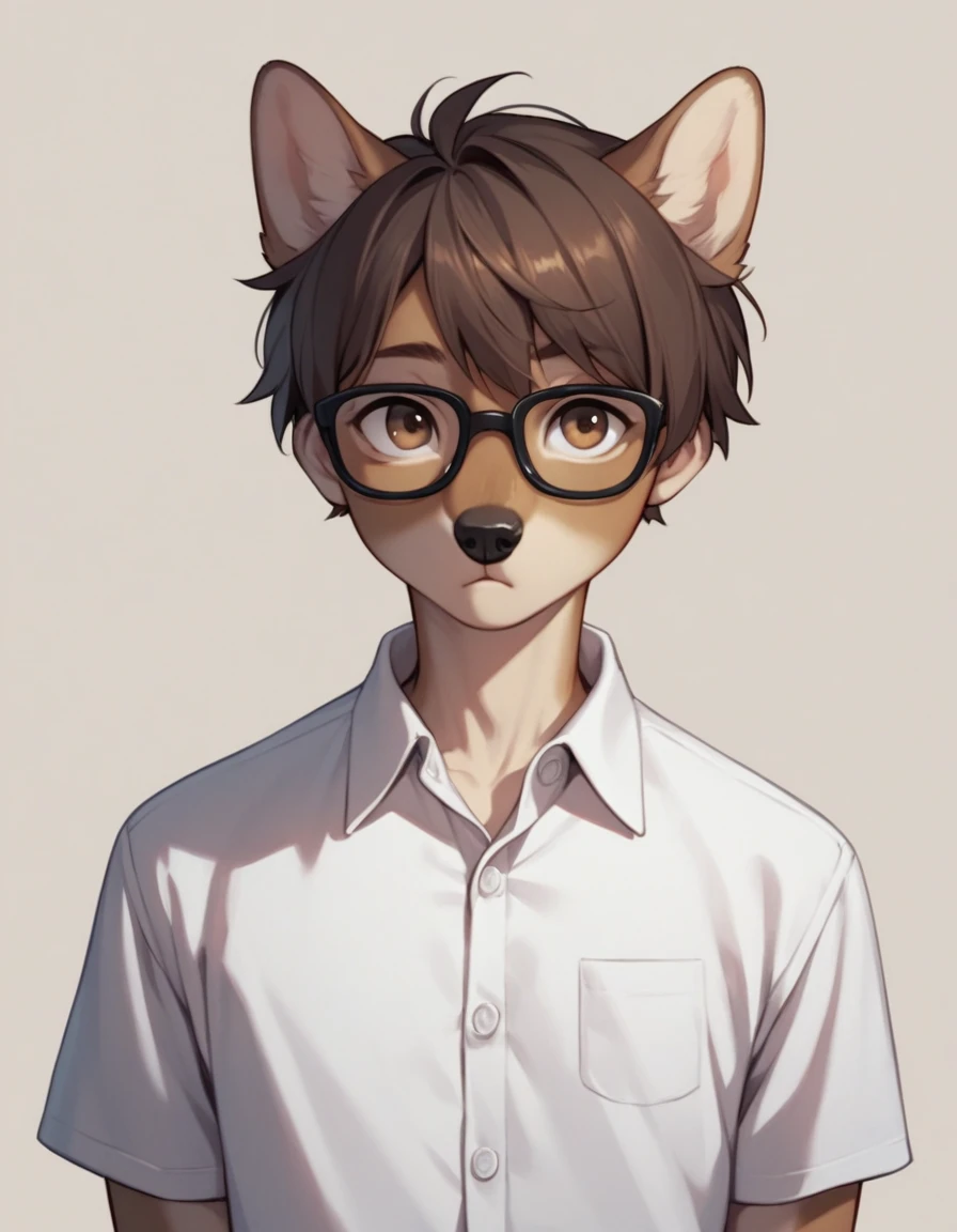 score_9,score_8_up,score_7_up, source_anime,  an Anthro furry male wolf, adult male, skinny, feminine, brown eyes, snout, black nose, short brown hair, black glasses, wearing white button up shirt, upper body shot, mouth closed,