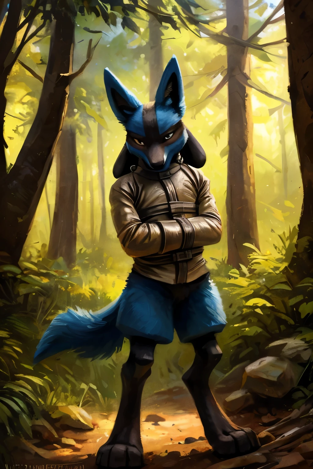 High quality photo, (full length portrait of lucario in straitjacket), looking at the viewer, Alone, forest, nature, detailed background, depth of field, by Kenket