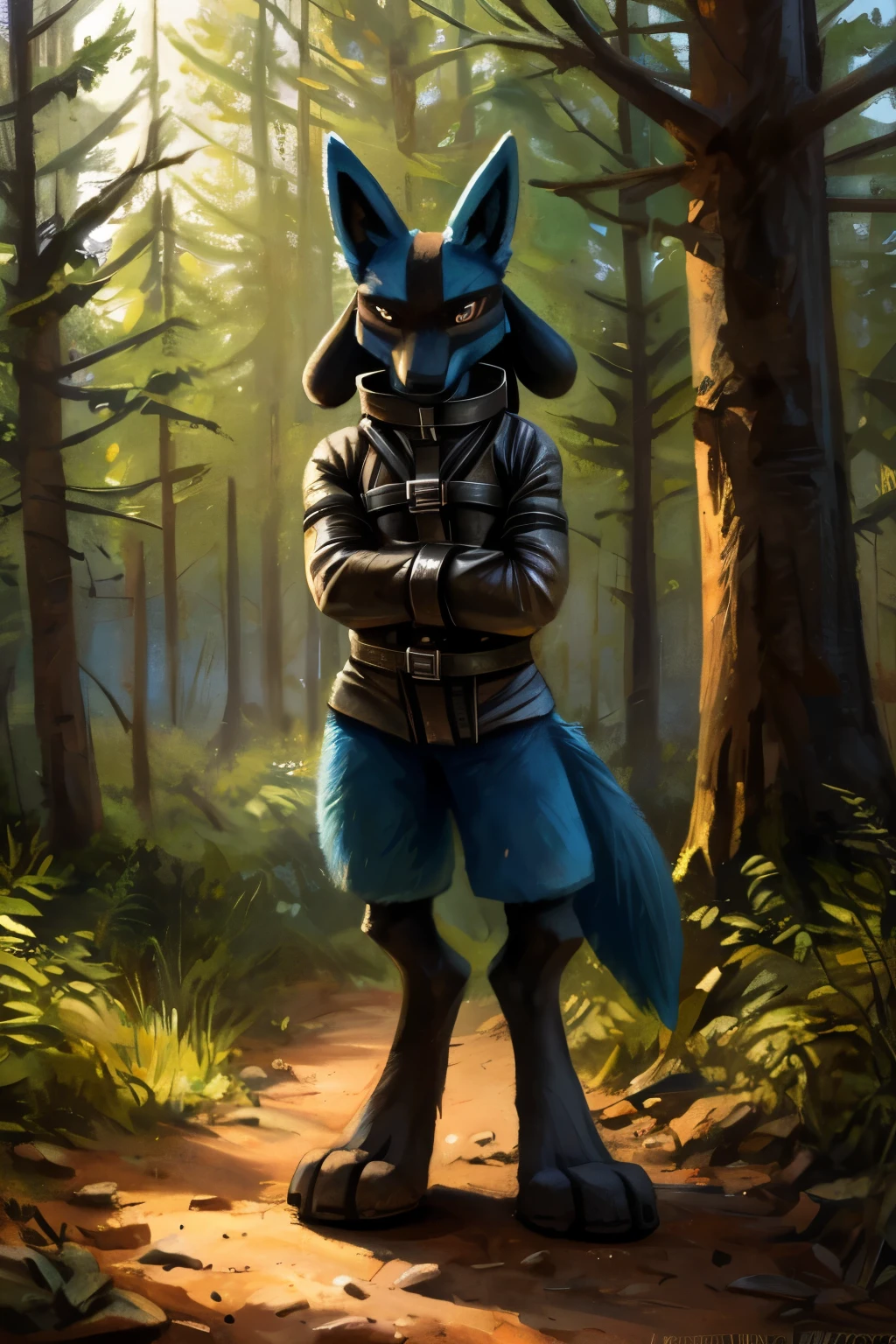 High quality photo, (full length portrait of lucario in straitjacket), looking at the viewer, Alone, forest, nature, detailed background, depth of field, by Kenket