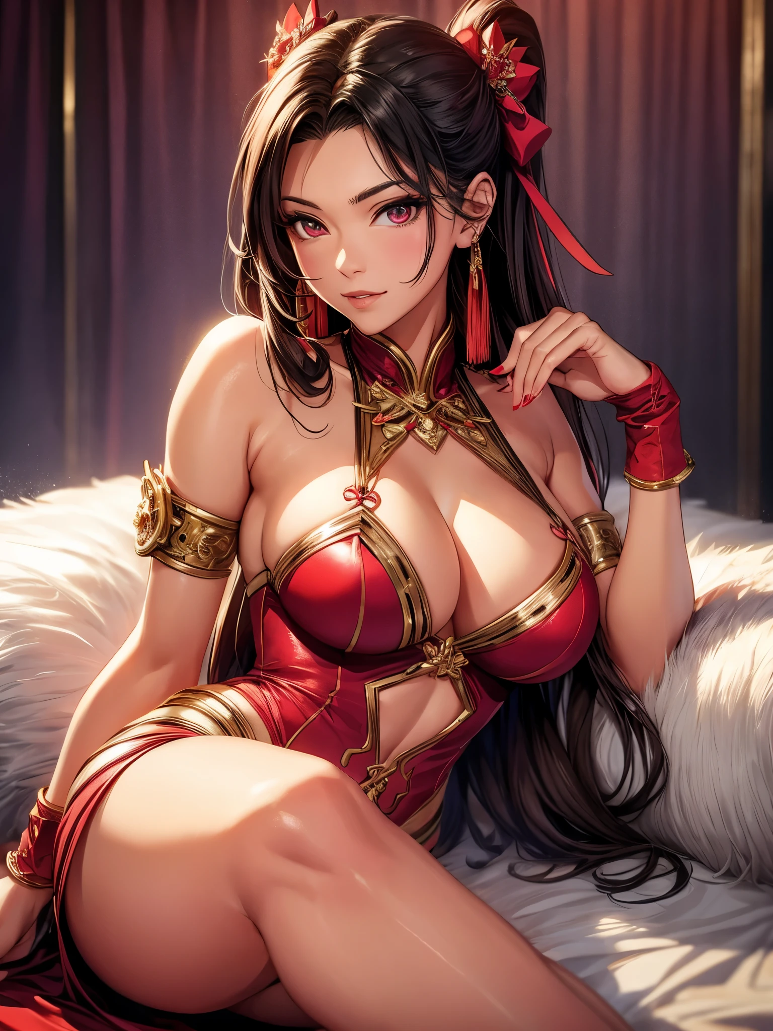 Mai Shiranui, Ultra-realistic 8K CG, beautiful woman, divine beauty, Eyes seductive, make-up, Medium breasts, cleavage showing, oriental costumes, legs showing, posing for a professional photograph