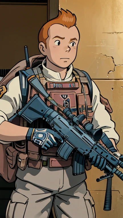 (s:1man: Tintin), (extremely detailed CG unit 8k wallpaper),(master part), (best quality), (ultra detali), (best illustration),(ruanyi0308,armor,assault rifle,camouflage,holding weapon,load bearing vest,backpack,m4 carbine), cowboy shot, (Sharp eyeliner, ombre, detailed eyes:1),Dark Police station interiors background, ,break , upper body, short hair, orange hair, ghibli style