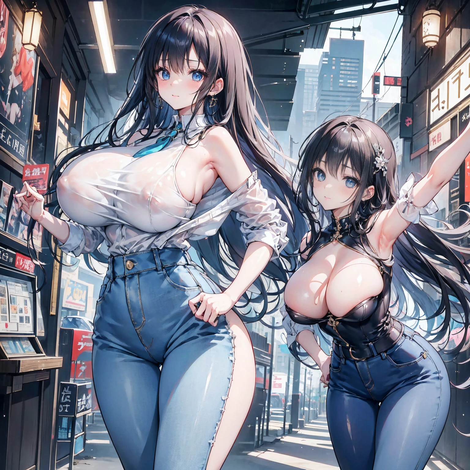 Anime Kawaii sexy Perfect Slim sensual body large breast and huge thighs, An intricate and highly detailed illustration of anime (Young girl). (8k、Superior image quality、Maximum quality、Masterpiece artwork)、A detailed face、1 girl in、A brunette、hypdertailed、clear blue eyes、piercings、sorriso nefasto、very Bigger breasts、white shirt、sleeveless、Broad Hips、light blue denim、Long pants、cowboy shot、put your hands on your hips、ass pov、city background