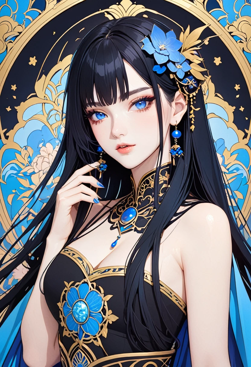 Beautiful woman, long black hair, side bangs, blue eyes, fair skin, empress aesthetic