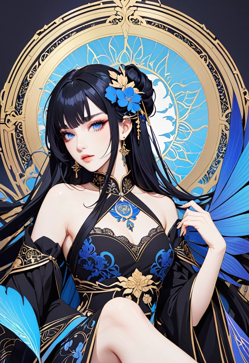 Beautiful woman, long black hair, side bangs, blue eyes, fair skin, empress aesthetic