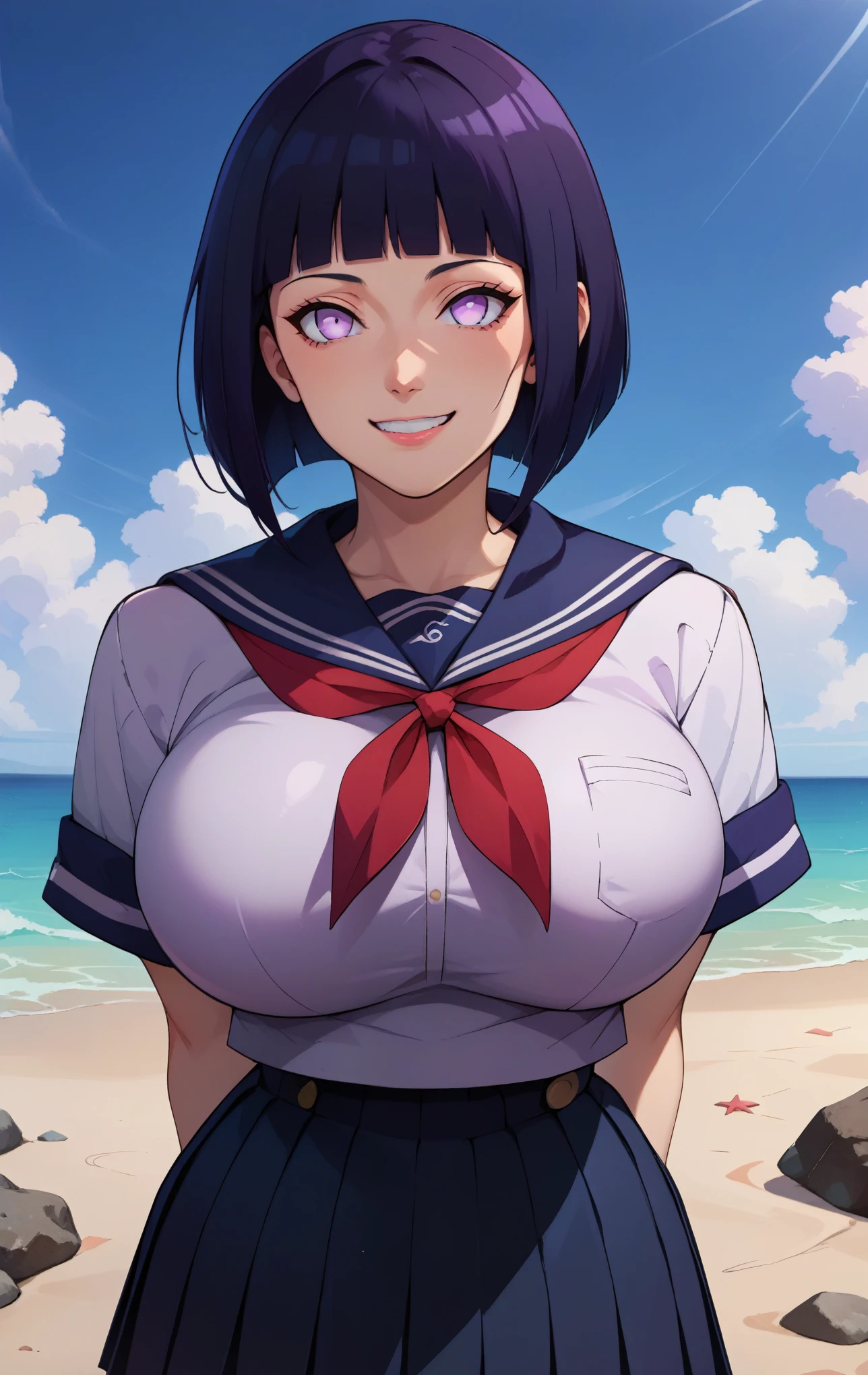 score_9, score_8_up, score_7_up, score_9, BREAK hinataSDXL, 1girl, solo, breasts, looking at viewer, smile, short hair, bangs, skirt, shirt, , purple eyes, white shirt, black hair, short sleeves, pleated skirt, serafuku, blunt bangs, sailor collar, huge breasts, super thin waist, neckerchief, ocean, beach, arms behind back, bob cut, red neckerchief, alternate breast size, bursting breasts, bra visible through clothes, hyuuga hinata