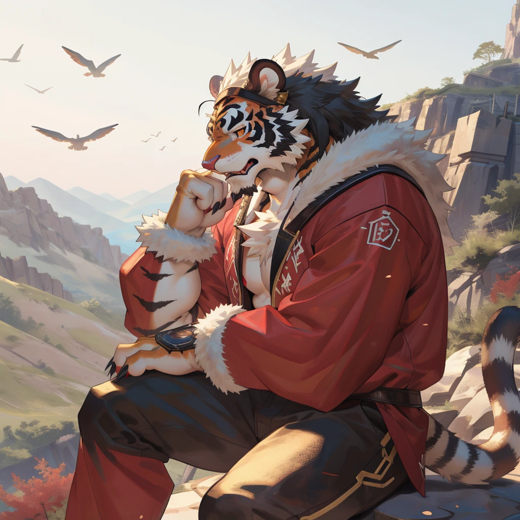 human nature(tiger),(orange:1.2),Tail,((whole body,orange body, White fluffy, orange Face,finger,Then,Tail )),(((Xiu Xian Costume))),muscular, Detailed hands, Sharp Teeth, solitary,Xiuxian family, ((Sitting high in the mountains)), ((Xiu Xian Feng)) ,Pink nipples,Black shorts, whole body, (author:Ethereal,From raccoon21,masterpiece,high quality)