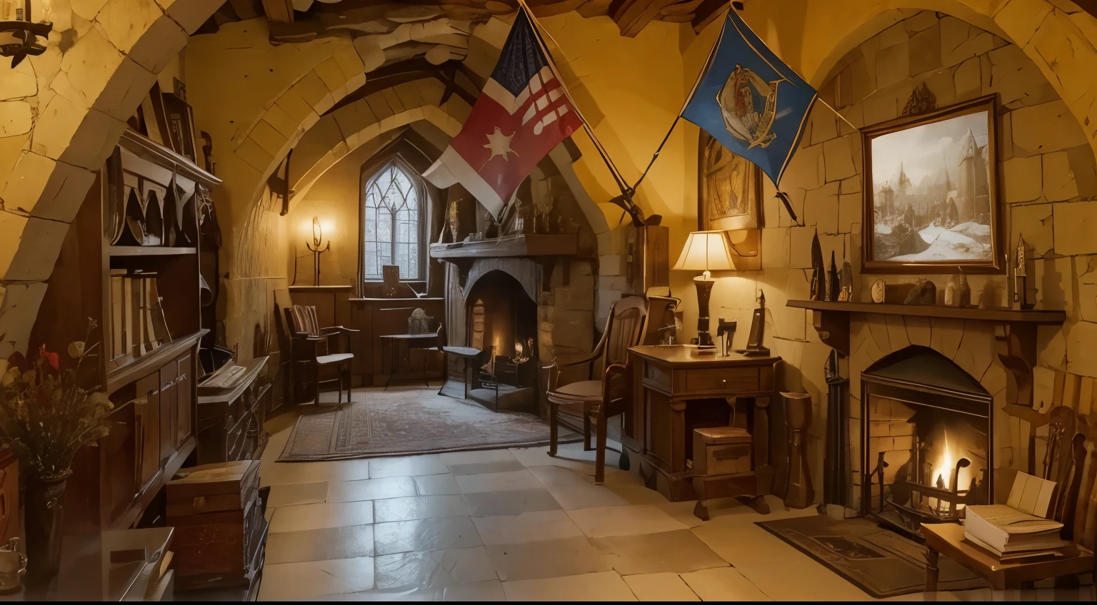 a pretty medieval catle room full of medieval castle objects, a heraldic fireplace, medieval book shelf, medieval chairs, a window in winter, fantasy castle, high resolution, a cup of tea, a medieval side cavalier, heraldic flags standart, a frame of cavaliers in wall