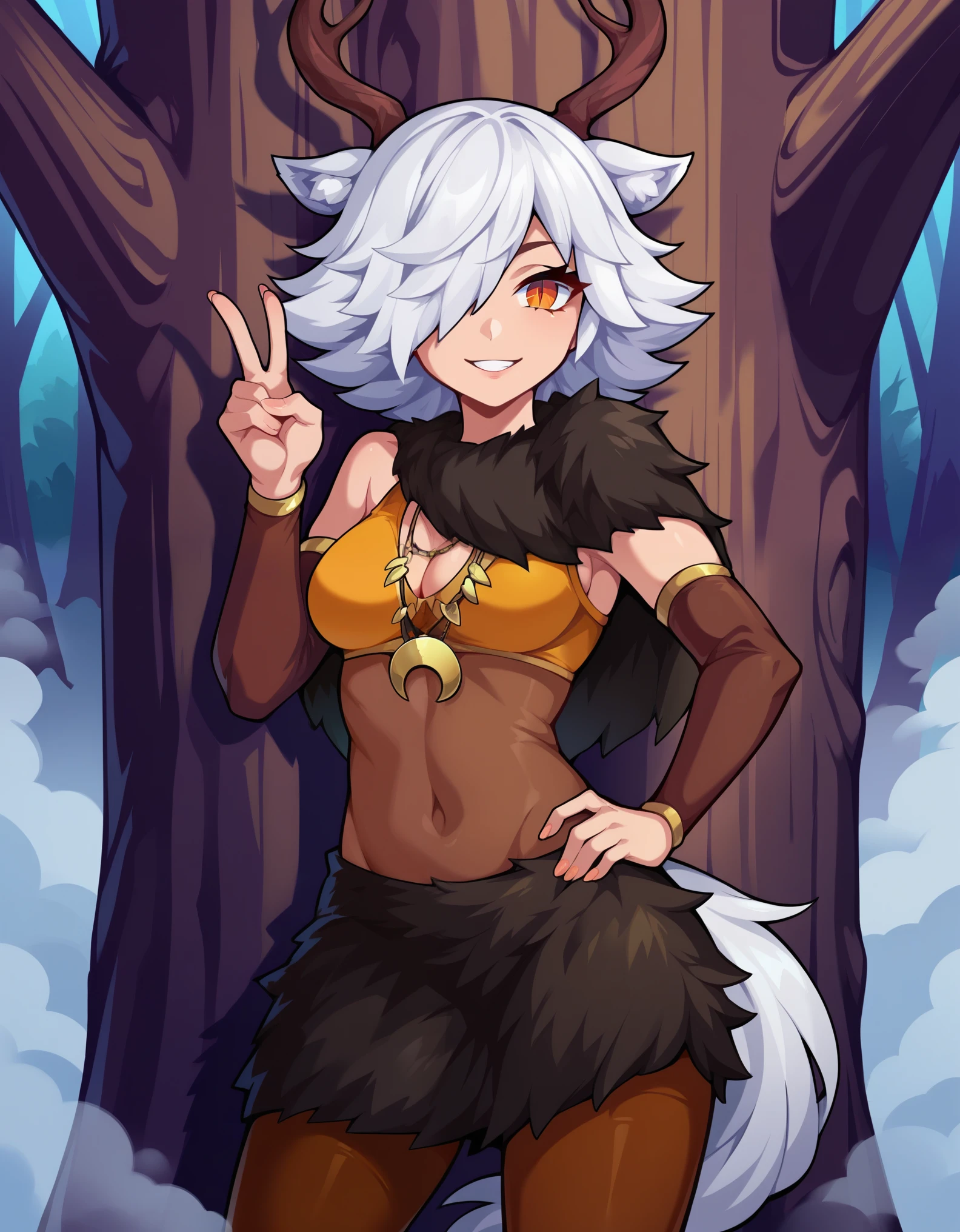 1girl,solo,deer girl,antlers,white hair,animal ears,tail,hair over one eye,orange eyes,slit pupils,crescent moon necklace,fur capelet,brown shirt,yellow bikini top,fur skirt,brown legwear,detached sleeves,
forest,outdoors,bare tree,fog,
looking at viewer,smile,hand up,v,hand on own hip,standing,back against tree,, score_9, score_8_up, score_7_up, perfect anatomy, source_anime, zPDXL2,