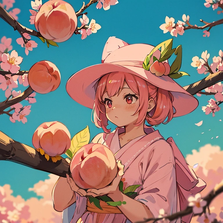 peach in closeup, pink and shiny, hanging from a branch , peach blossoms around