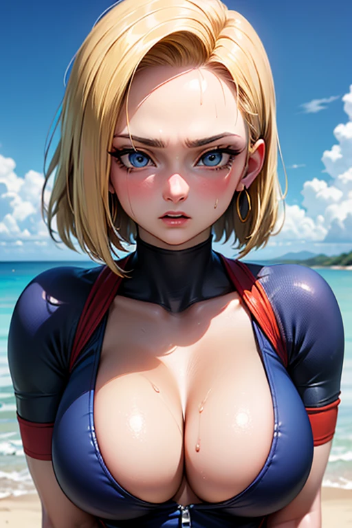 masterpiece, Highest quality, Unreal Engine, Super Resolution, Very detailed,
Beautiful woman, Android 18, Android 18, blonde, blue eyes, eyelash, hoop Earrings, short hair, Earrings, Oiled Rubber Suit, Vivid expression, Healthy Body, Beautifully detailed sweat glands, Smooth skin texture, Carefully drawn,
(humidity:1.2), Beautiful Eyes, (Attractive face:1.2), (Beautiful Skin), (Big Breasts), Puffy nipples, (Sticky with sweat), In a dynamic pose,
In the world of Dragon Ball, Outdoor, At the Beach