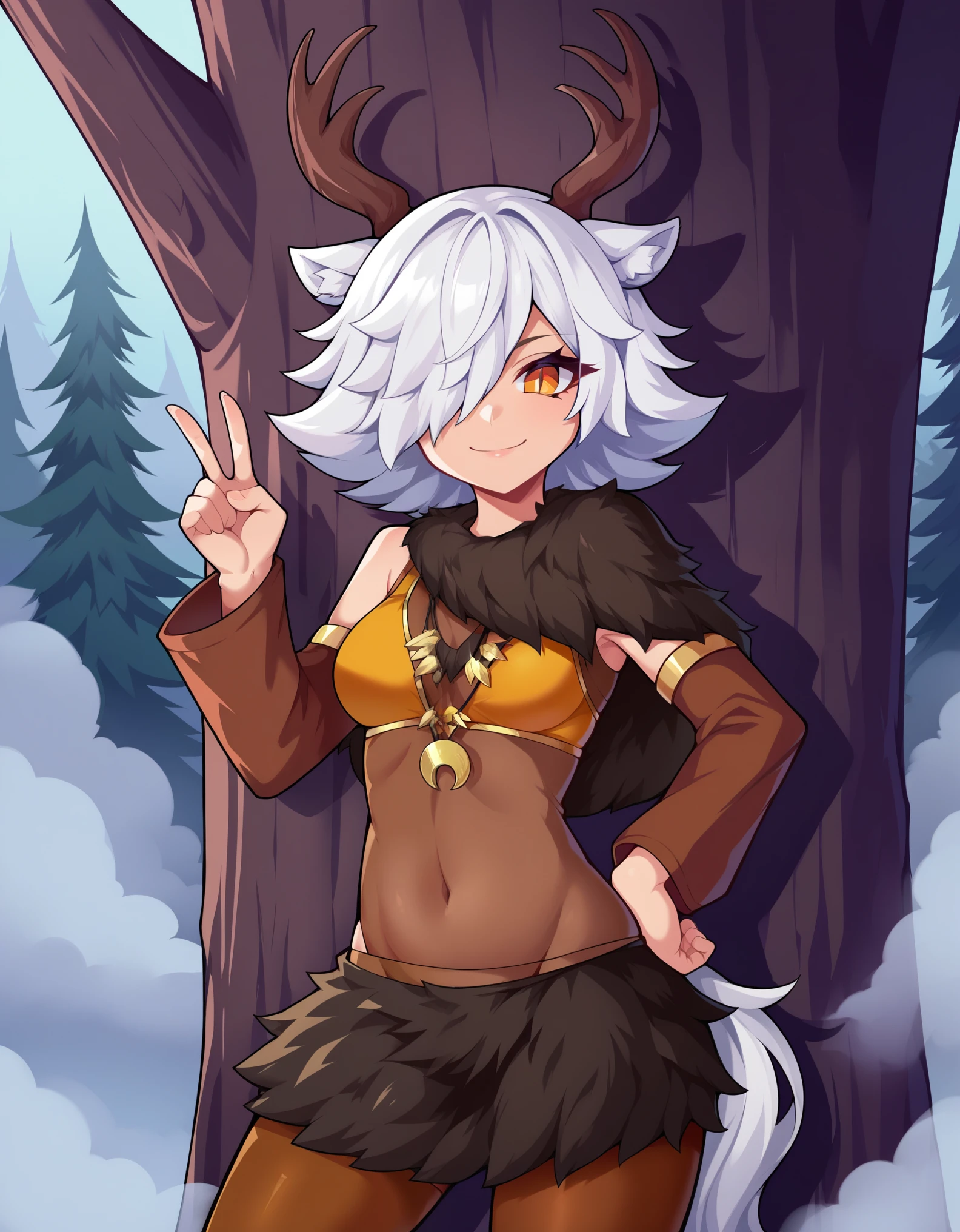 1girl,solo,deer girl,antlers,white hair,animal ears,tail,hair over one eye,orange eyes,slit pupils,crescent moon necklace,fur capelet,brown shirt,yellow bikini top,fur skirt,brown legwear,detached sleeves,
forest,outdoors,bare tree,fog,
looking at viewer,smile,hand up,v,hand on own hip,standing,back against tree,, score_9, score_8_up, score_7_up, perfect anatomy, source_anime, zPDXL2,