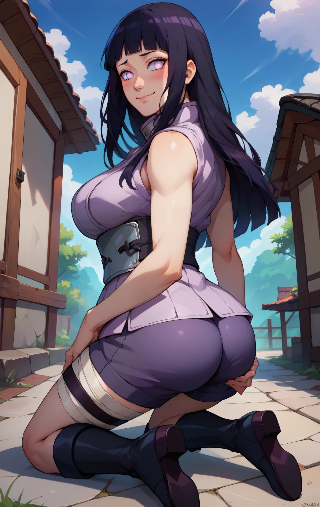 score_9, score_8_up, score_7_up, score_9,  BREAK  hinataSDXL, 1girl, solo, long hair, breasts, looking at viewer, blush, smile, bangs, large breasts, black hair, thighhighs, closed mouth, purple eyes, ass, thighs, boots, shorts, sleeveless, looking back, blunt bangs, black footwear, watermark, bandages, knee boots, hyuuga hinata