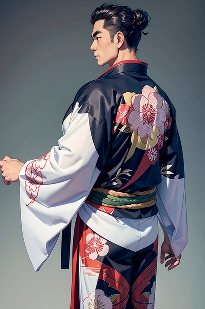 A muscular man wearing a kimono、A figure looking to the side, showing the back of the kimono。Background is white。