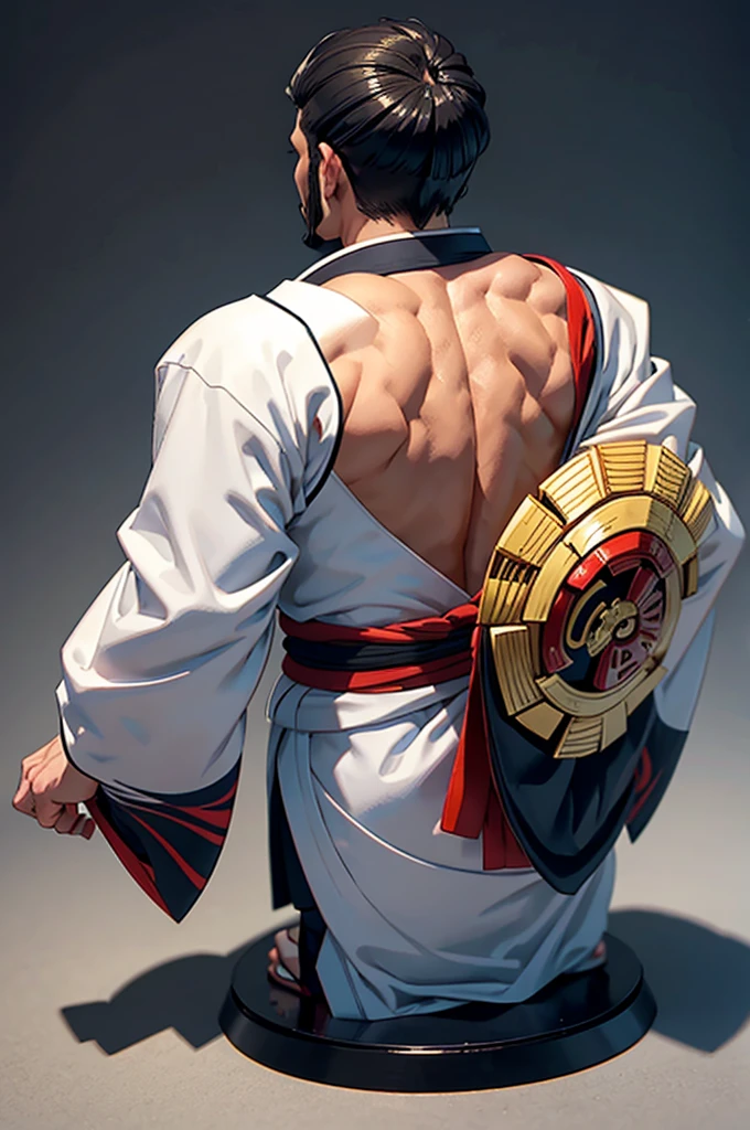 A muscular man wearing a kimono、A figure looking to the side, showing the back of the kimono。Background is white。
