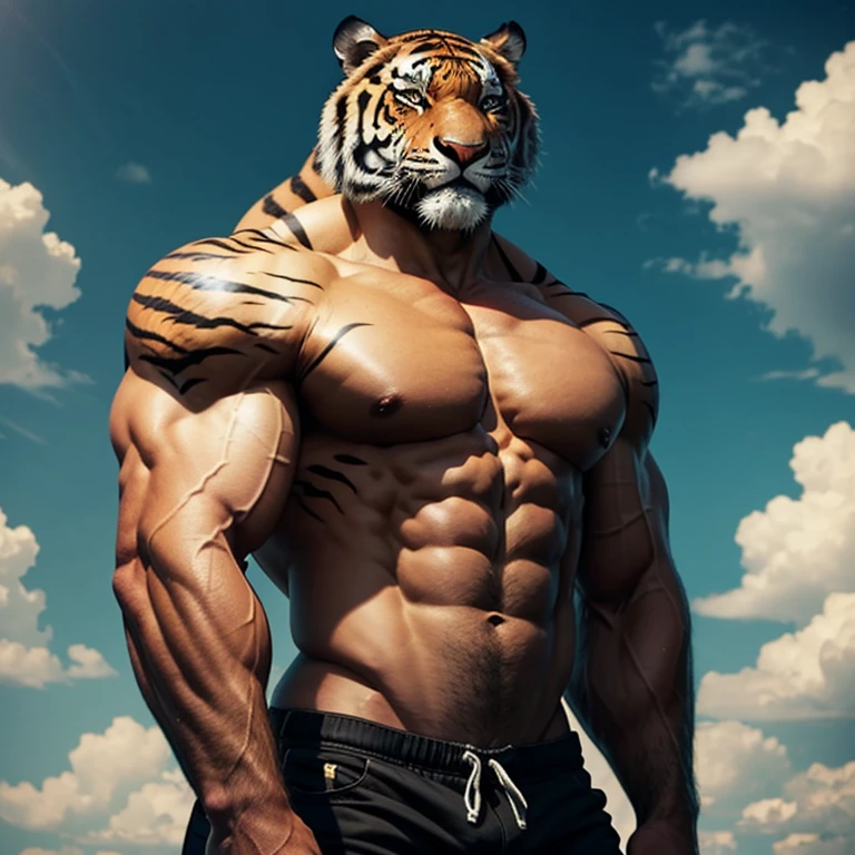 a massively muscular tiger, with massively large muscles
