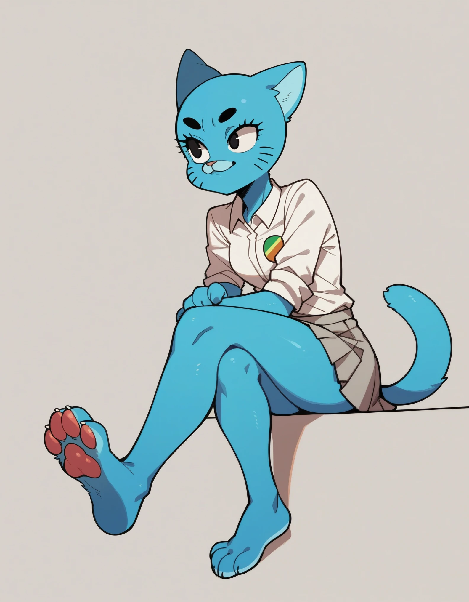 score_9,score_8_up,score_7_up, score_6_up, source_anime, kemono style, Nicole Watterson from the amazing world of gumball, furry head, blue feline cat, furry blue body, black eyes, white sclera, wearing white shirt, grey short skirt, legs crossed, sitting, simple white background, barefoot, feet paws four toes