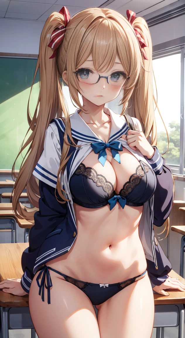 Gingham check bra, gingham checked panties,Side tie panties,The ribbon is lovely, Ribbon Panties,Twin tails,blush, full-face blush,masterpiece, Highest quality, high school girl,School,The front of the uniform is open,Beautiful blue eyes,(anime screencap:1.3),(shape), cute,(Simple:1), (anime:1.2),Solo Sharp Focus, 1 girl, Cleavage,Looking at the audience,School classroom, Are standing,,(Browsing Caution:1.2),((Pastel colored underwear)),Big Breasts,Beautiful breasts,Beautiful Hips,Accentuate your breasts,Glasses,